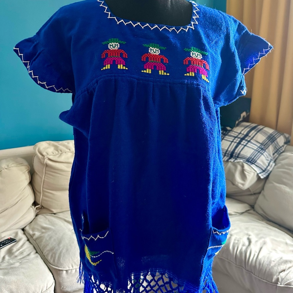 Blue Embroidered Tunic with Colorful Figures handmade